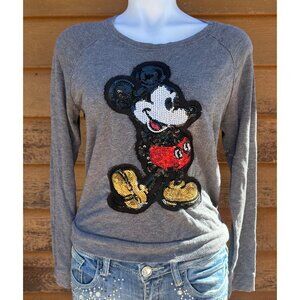 Disney Mickey Mouse Sequin Long Sleeve Gray Top Womens Size S